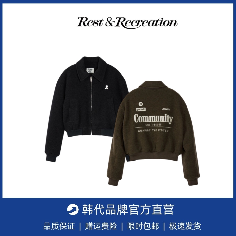 【现货】Rest&Recreation翻领印花拉链羊毛毛呢外套夹克棒球服女