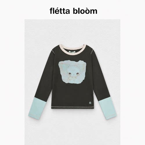 ●fletta bloom Coyseio可爱卡通娃娃印花拼色圆领长袖T恤打底衫