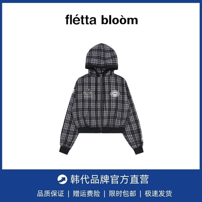 【现货】fletta bloom韩国复古格子开衫卫衣运动休闲连帽外套上衣