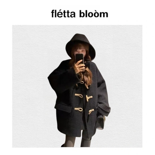 bloom东大门ounce羊毛牛角扣连帽大衣女 fletta 毛呢外套 现货