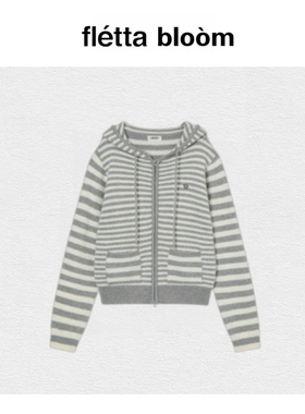 【现货】fletta bloom韩国aeae休闲风拼色条纹连帽针织毛衣外套女