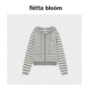 bloom韩国aeae休闲风拼色条纹连帽针织毛衣外套女 fletta 现货