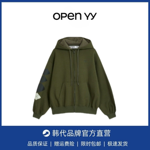 【现货】韩国小众open yy菱形格纹字母刺绣加绒连帽卫衣外套宽松
