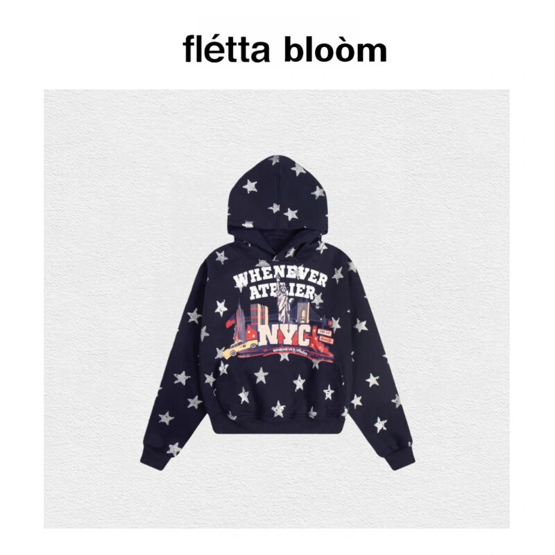 【现货】fletta bloom越南whenever闪粉星星秋冬加绒套头连帽卫衣