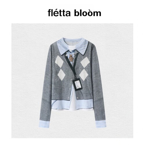 【现货】fletta bloom秋小众假两件3D印花长袖打底衫上衣女学院风