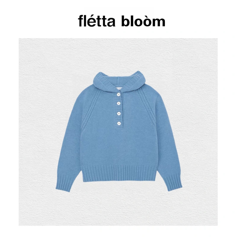 【现货】fletta bloom韩国设计师羊毛连帽毛衣亨利领蓝色针织衫女