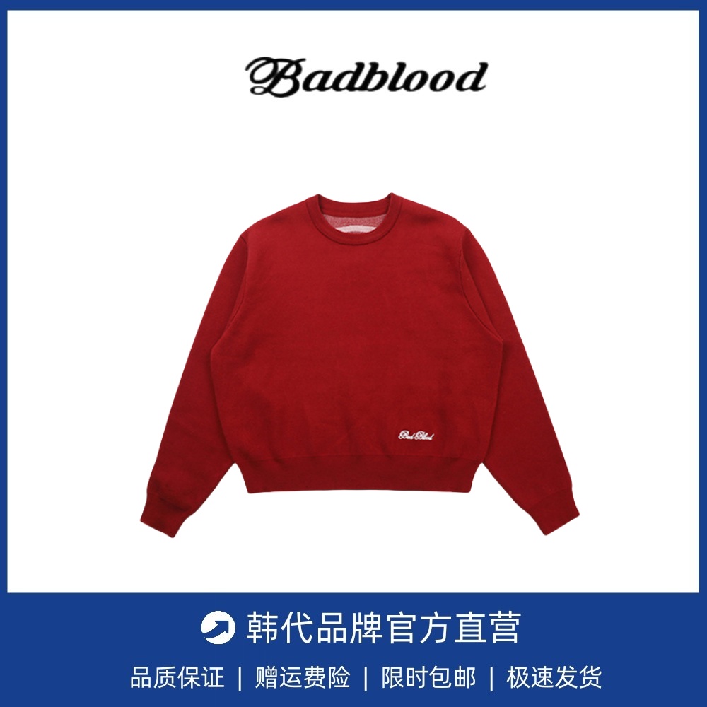 【现货】韩国badblood美式复古毛衣女圆领宽松针织衫刺绣长袖上衣