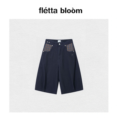 【现货】fletta bloom韩国潮牌格纹口袋短裤女TCM阔腿做旧七分裤