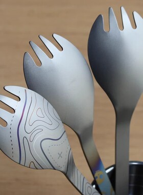 彩钛叉勺纯钛TA1勺子加厚户外露营汤勺野营餐具拓扑纹手工烧色