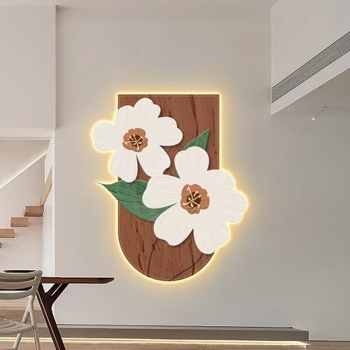 奶油风客厅装饰画餐厅led氛围灯画高级感植物花卉异形玄关挂画