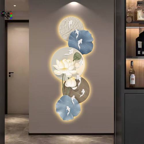 九鱼图玄关装饰画现代新中式入户走廊过道客厅壁画荷花led壁灯画