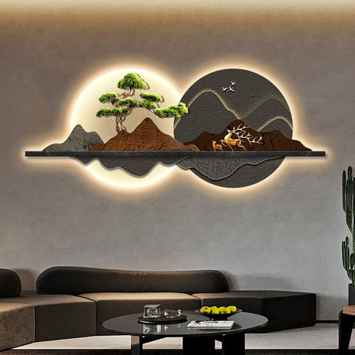 新中式客厅装饰画壁灯发光LED灯画沙发背景墙挂画迎客松轻奢壁画