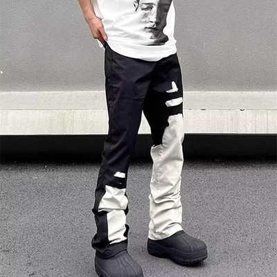 高街vibe黑白拼接裤子破坏直筒