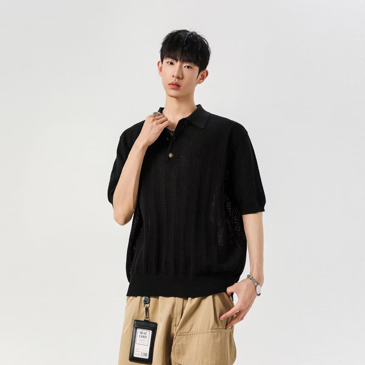 复古老钱风翻领短袖男款夏季冰丝凉感针织polo衫cleanfit情侣半袖