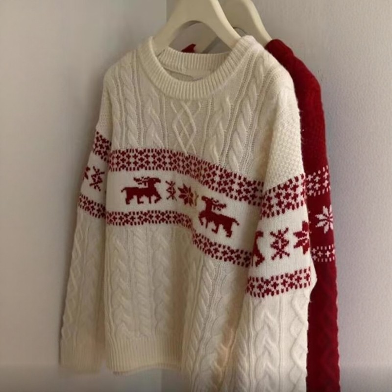 圣诞新年红色毛衣内搭男女款情侣装冬装氛围感麋鹿提花针织打底衫