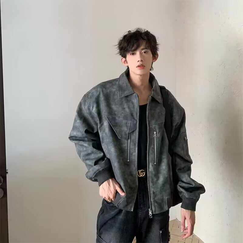 冬季美式复古晕染麂皮夹克男士高级感cleanfit潮牌飞行员皮衣外套