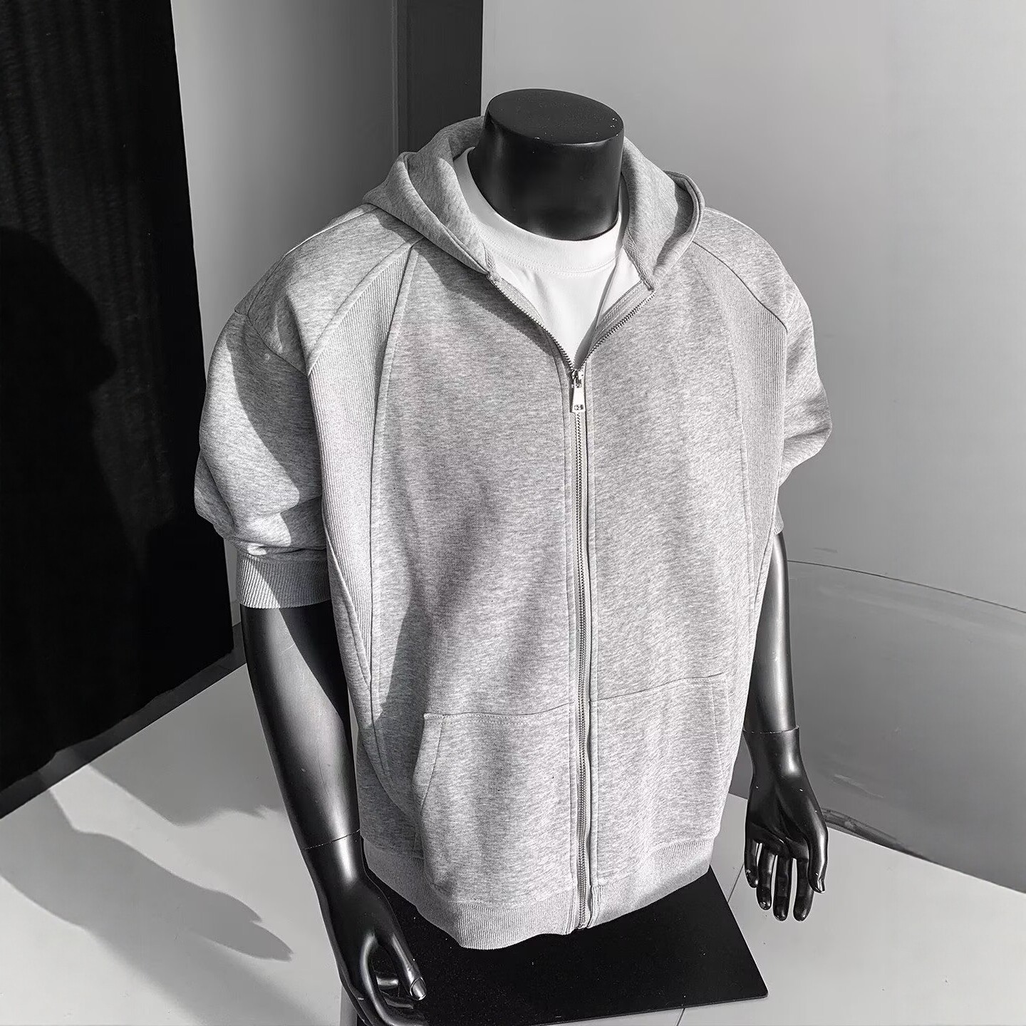 灰色解构开衫卫衣男款秋季美式设计感重磅连帽衫cleanfit短款外套