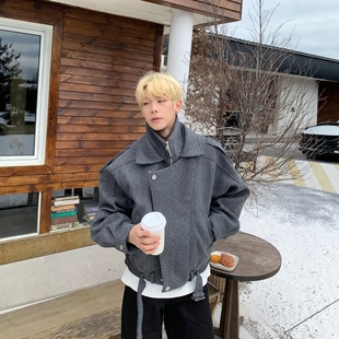 韩版双层领毛呢外套男款潮流小众时尚高级感宽松廓形纯色夹克上衣