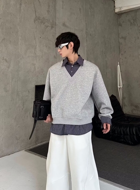 灰色假两件卫衣男春秋拼接设计简约长袖T恤美式复古宽松情侣上衣