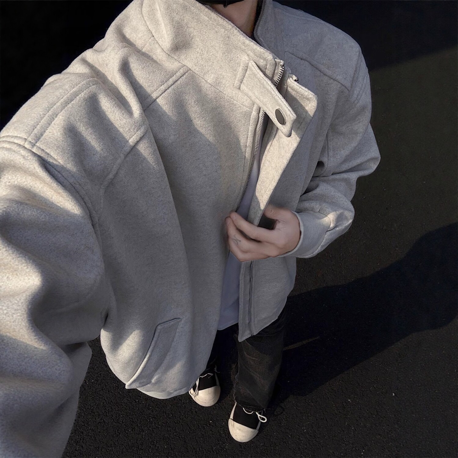 美式复古立领开衫卫衣外套男春秋款潮牌高级感浅灰色百搭运动夹克