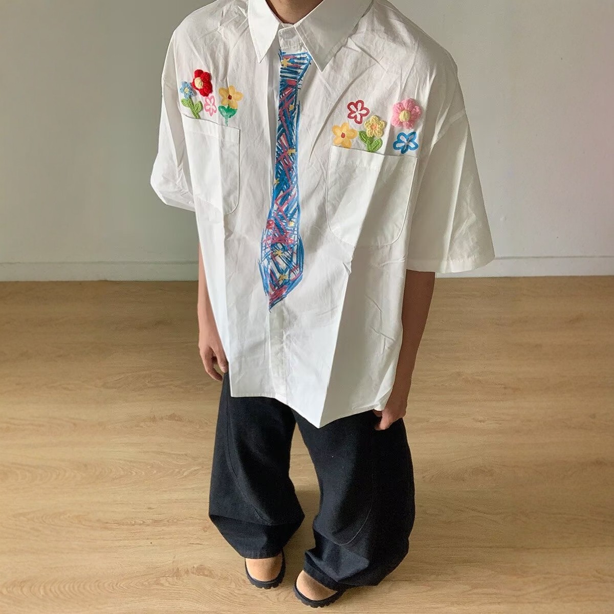 美式手绘涂鸦衬衫男款夏季小众