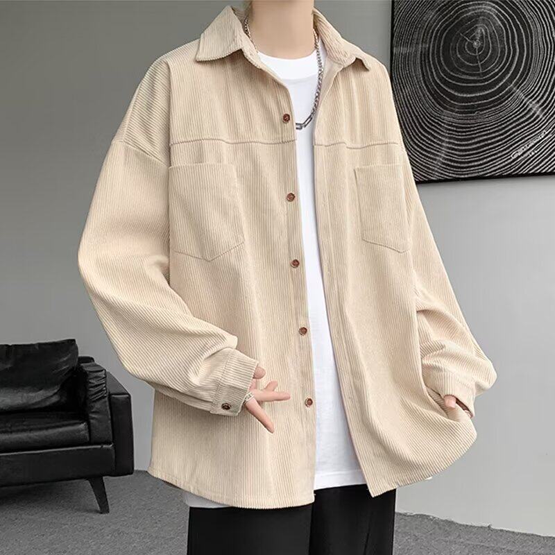 灯芯绒长袖衬衫男春秋季潮流时尚翻领夹克青少年宽松休闲衬衣外套