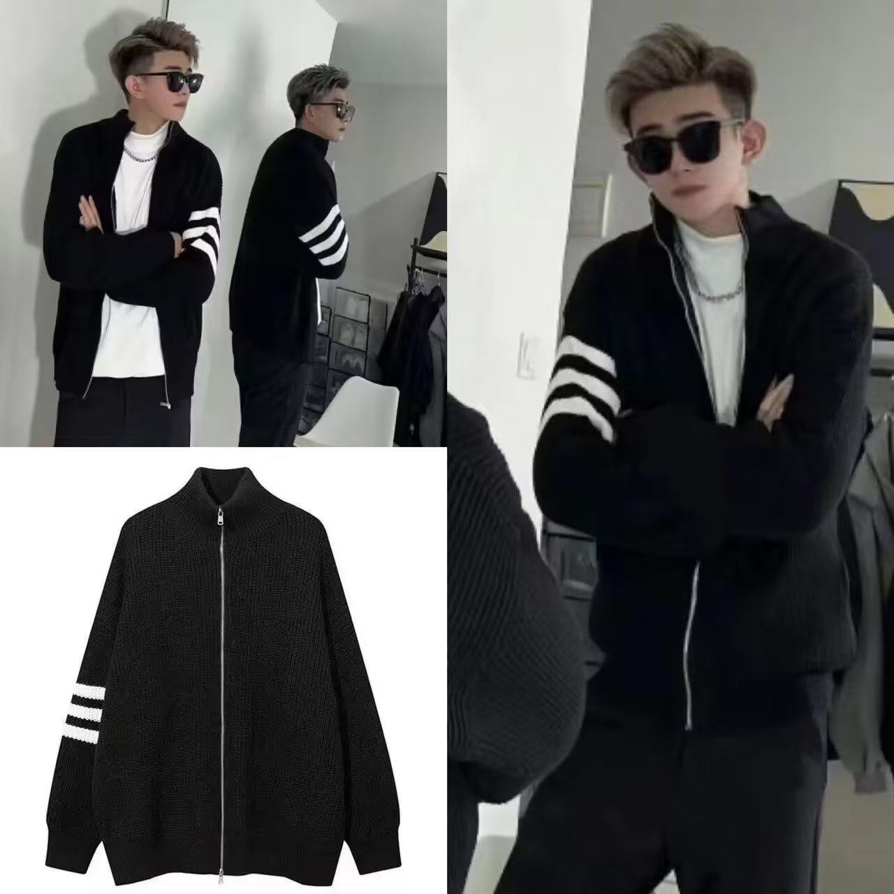 三道杠拉链针织开衫男加厚秋冬新款潮牌时尚百搭韩版立领保暖毛衣