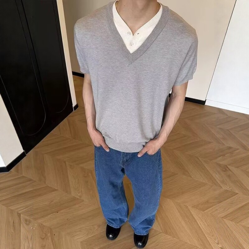 高智感假两件V领针织短袖男女
