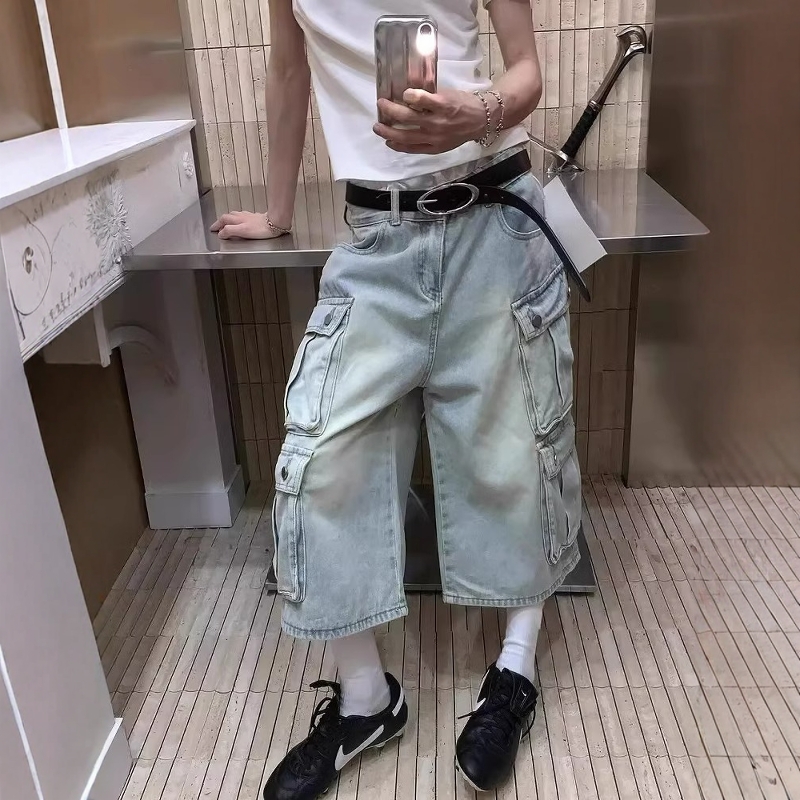 美式多口袋水洗七分牛仔工装裤男女夏季宽松显瘦阔腿休闲短裤子