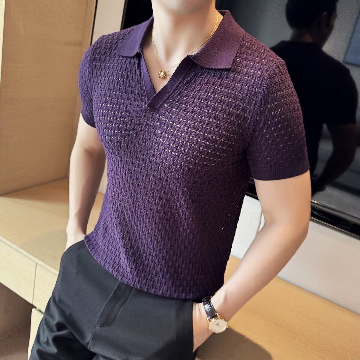 针织镂空V领polo衫男短袖夏季薄款潮流时尚修身帅气高级感翻领t恤