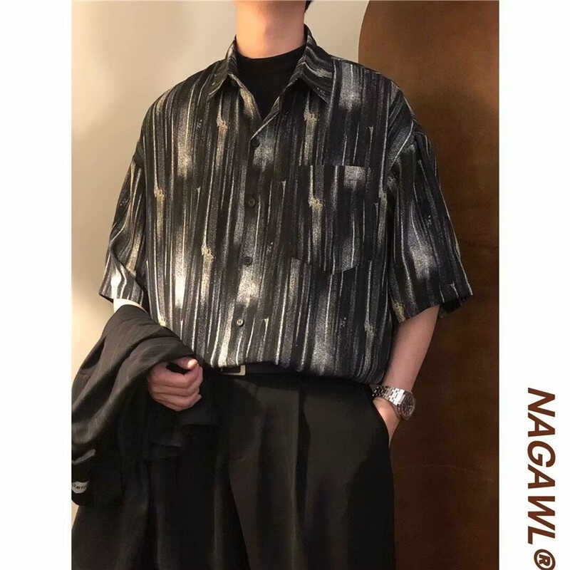 美式复古条纹短袖衬衫男夏季潮牌