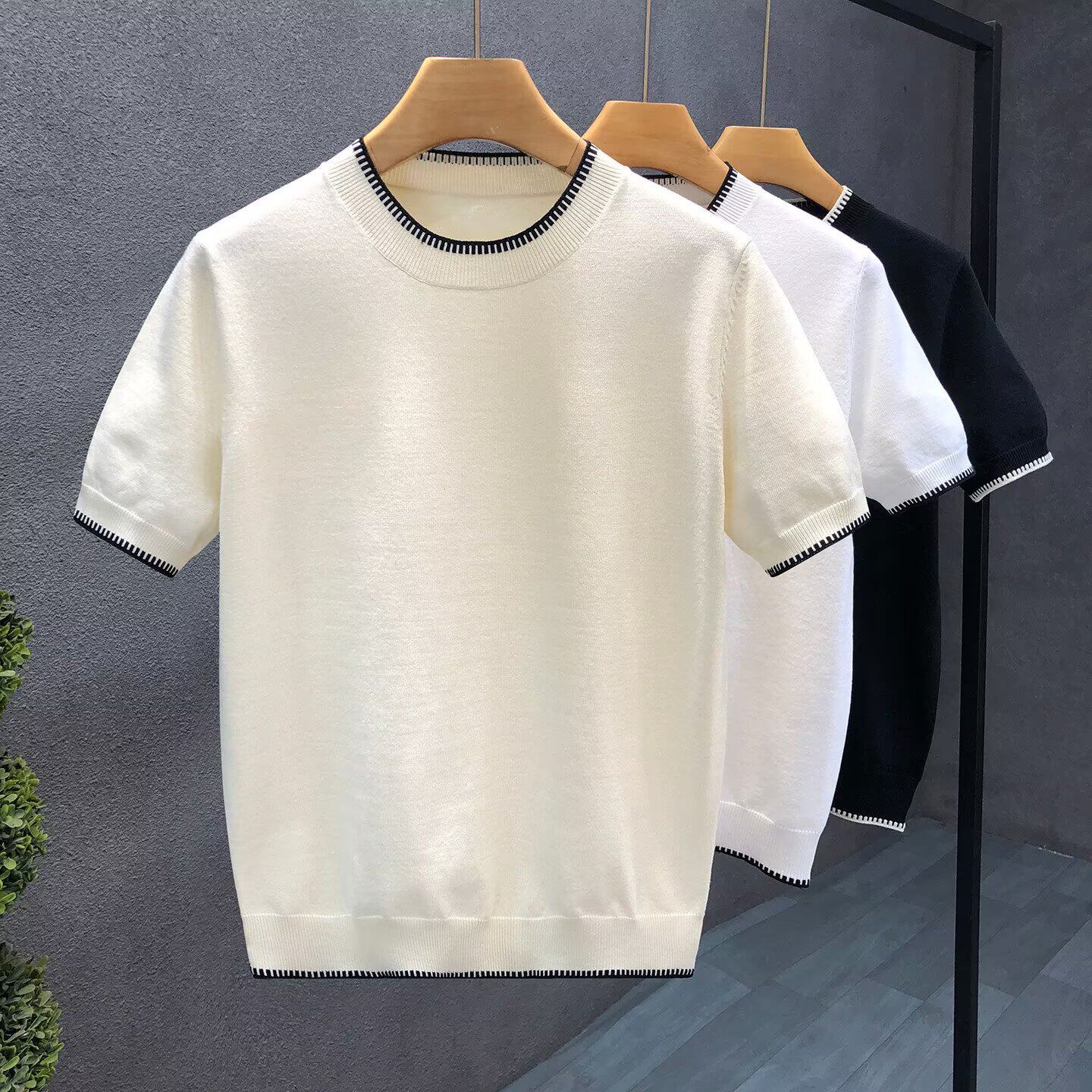 出口品质杏色亲肤短袖毛衣男薄款针织t恤2026春夏季新款男士半袖