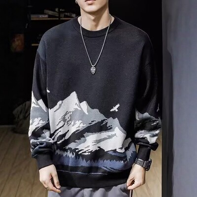 雪山提花圆领毛衣男秋季日系复古