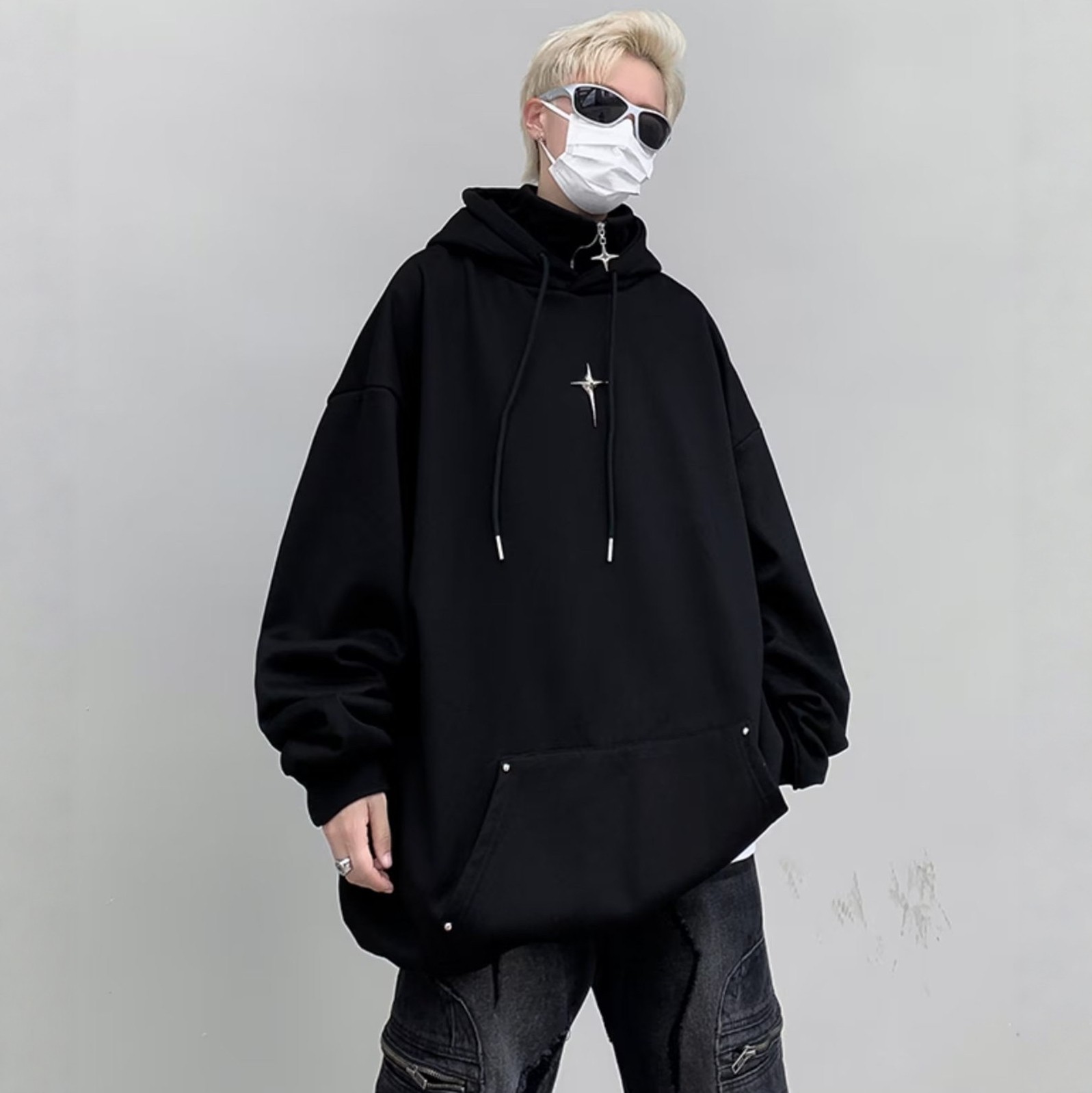 假两件重磅连帽卫衣男款2025春季新款潮牌美式复古半拉链加厚外套