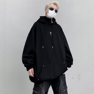 假两件重磅连帽卫衣男款2025春季新款潮牌美式复古半拉链加厚外套