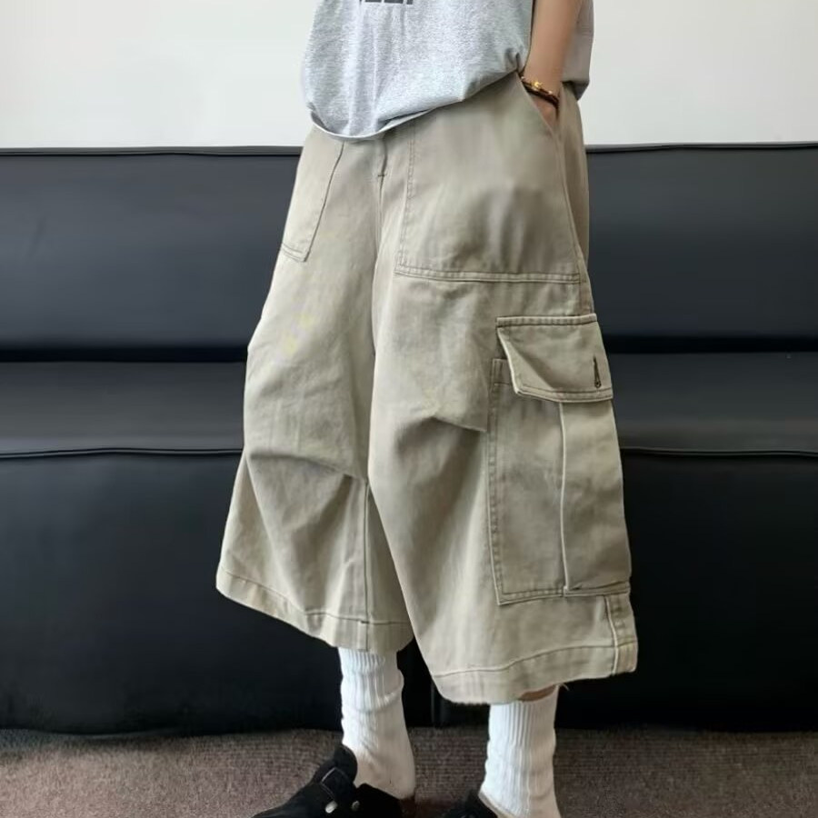 美式复古大口袋工装短裤男女夏季新款街头潮牌宽松阔腿休闲七分裤