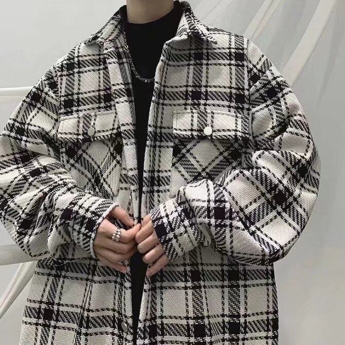 毛呢格子外套男春季港风ins潮牌百搭宽松上衣青少年韩版潮流夹克