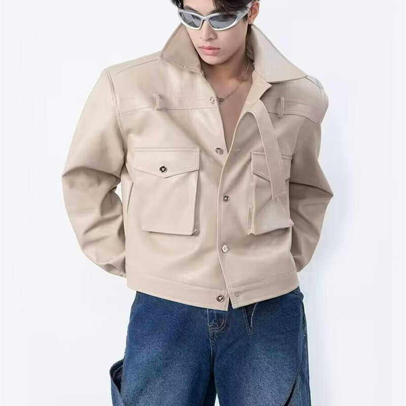 秋冬短款痞帅皮衣外套男潮帅气高街pu夹克男装垫肩设计机车上衣潮