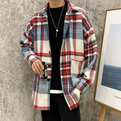 复古蓝格子加厚毛呢衬衫男