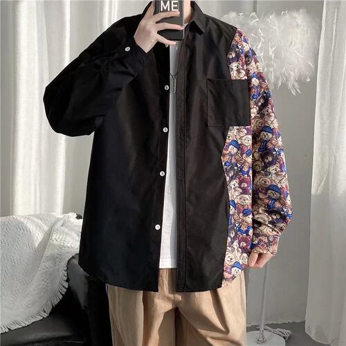 高街hiphop小熊拼接oversize衬衫男长袖宽松潮牌街头嘻哈打底衬衣