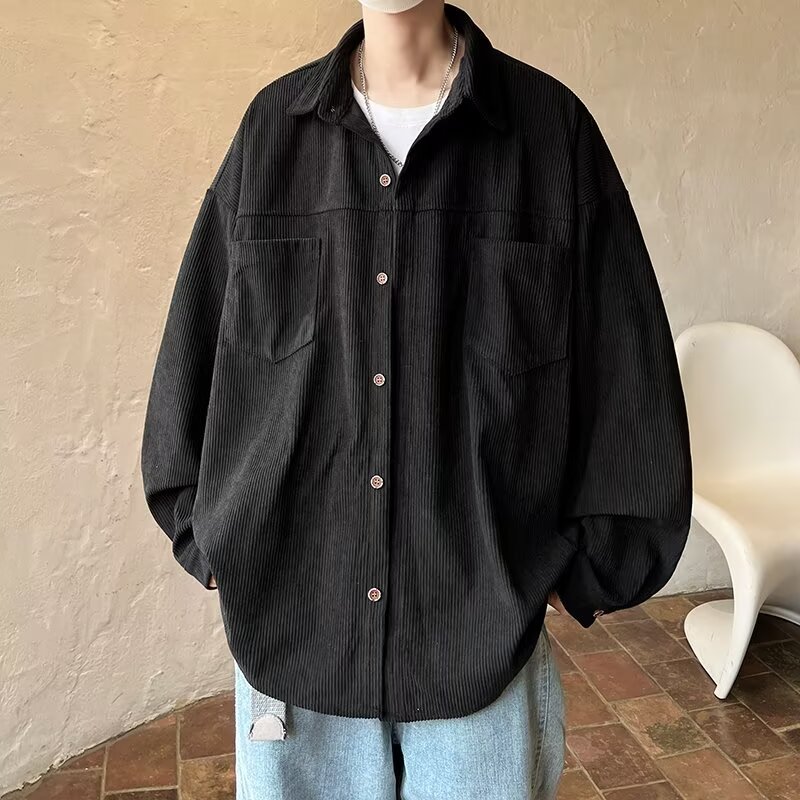 复古灰色灯芯绒衬衫男款夏季
