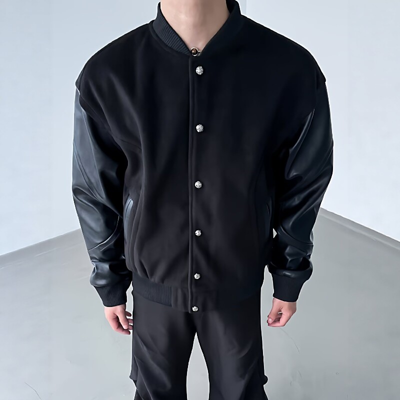 拼接皮袖棒球服男秋季潮牌宽松