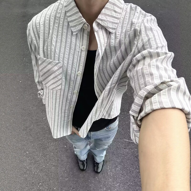 条纹泡泡纱衬衫男春季高智感休闲