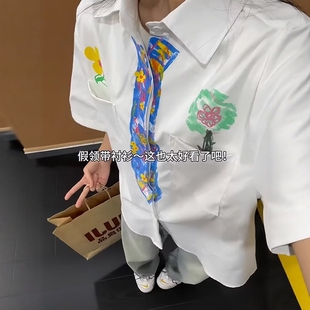 蜡笔彩绘领带衬衫男女短袖夏季薄款设计感翻领衬衣学院风情侣外套