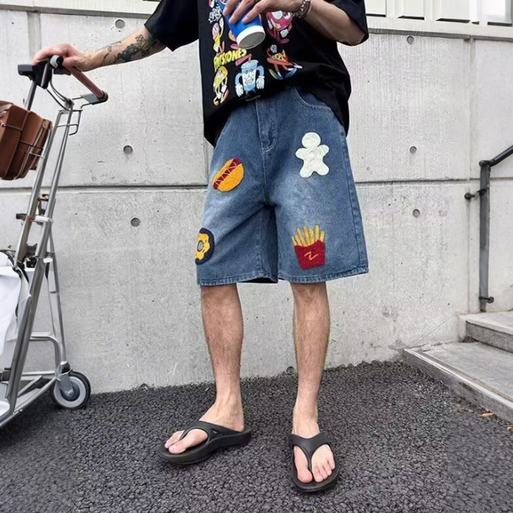 汉堡薯条毛巾绣牛仔短裤男夏季