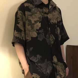 美式复古潮牌短袖花衬衫男新款百搭港味高级感宽松痞帅印花上衣夏