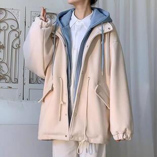 冬季加厚毛呢外套男款高街保暖宽松连帽呢料大衣中长款假两件棉服