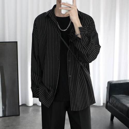 条纹衬衫男长袖高级感黑色宽松