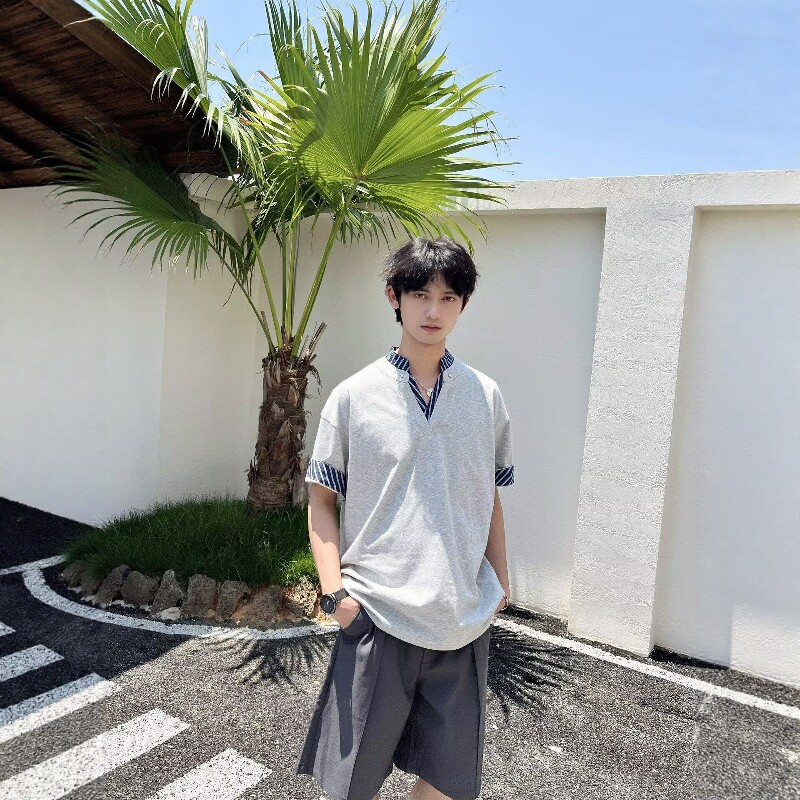 韩系假两件条纹短袖T恤男款知识分子学院风V领POLO衫夏季休闲上衣