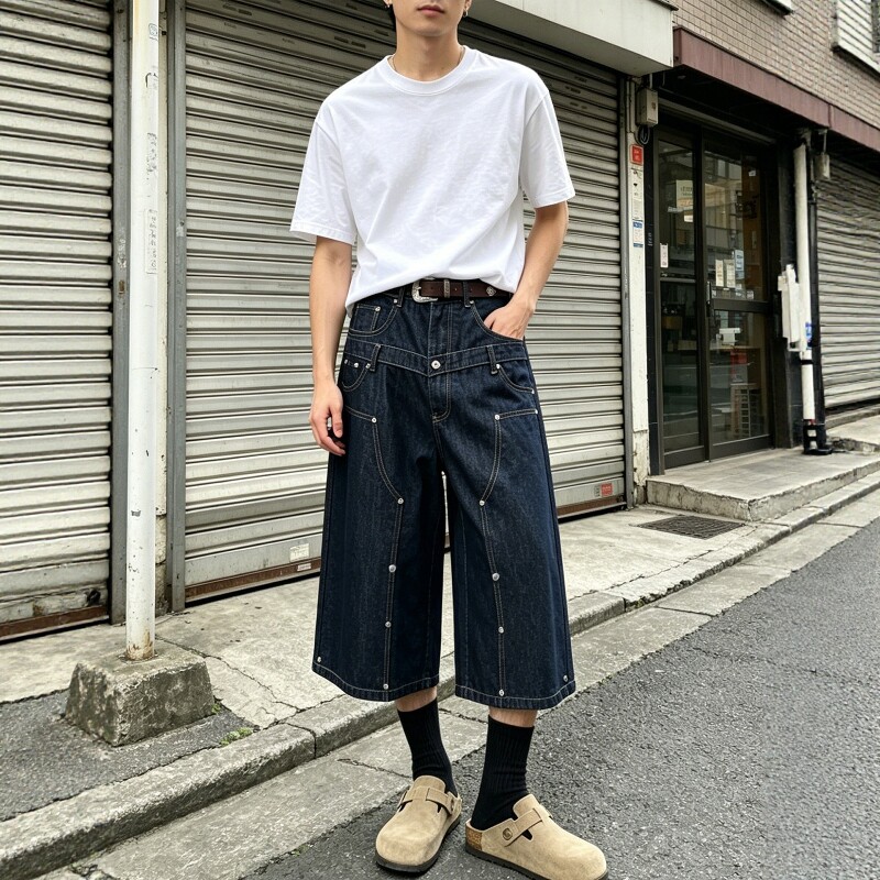 大码美式复古街头铆钉牛仔七分裤